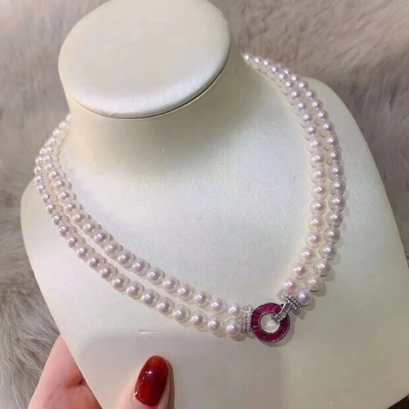 20 بوصة سلسلة مزدوجة AAAA 7-8 مللي متر أكويا الطبيعية اللؤلؤ الأبيض المرأة قلادة 925 الفضة #6