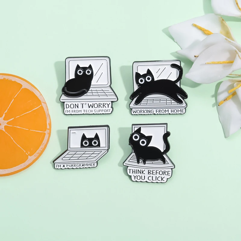 Cartoon Black Cat Brooch Enamel Pins Creative THINK BEFORE YOU CLICK Lapel Badges WORKING FROM HOME Jewelry Ornaments Wholesale