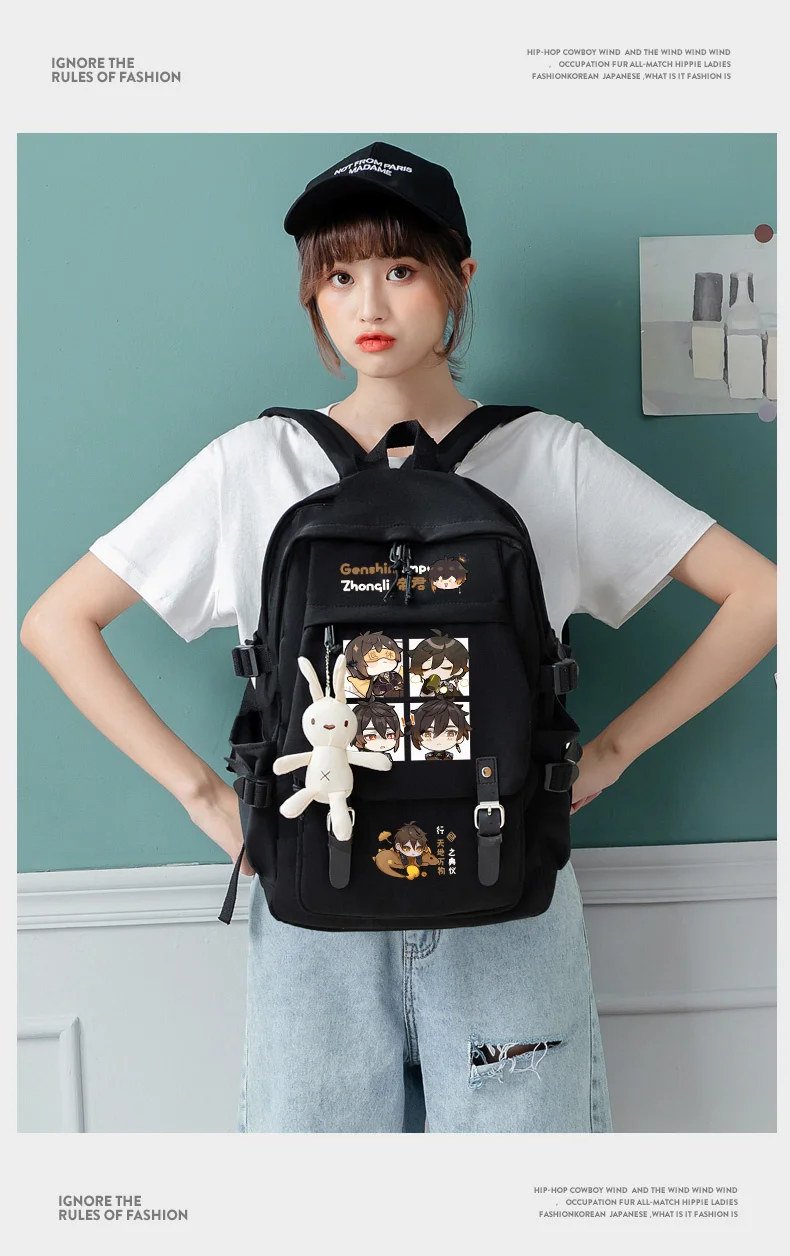 Game Genshin Impact Zhongli Alhaitham Backpack Students School Book Bags Black Mochila Bookbag