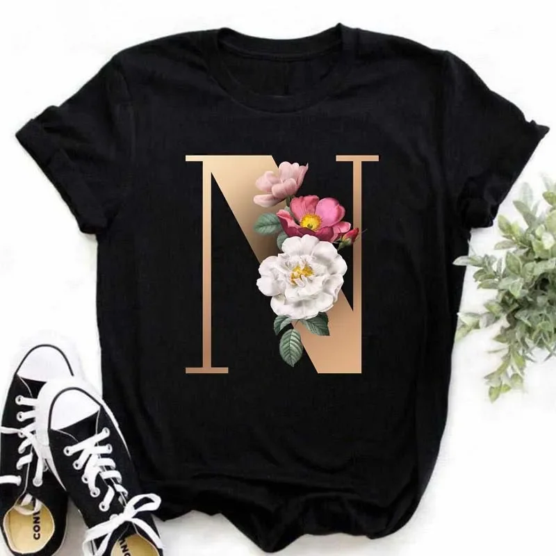 M N O P Q R English Alphabet Print T Shirt Women New Summer Couples Lovers Classic Harajuku Casual Black Tops