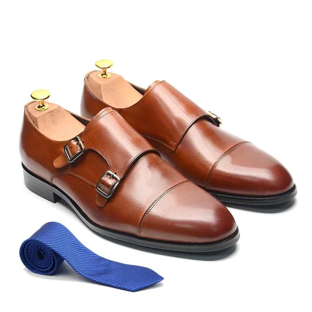 Luxury Men\'s Wedding Formal Shoes Genuine Leather Pure Brown Black Double Buckle Monk Strap Cap Toe Business Office Dress Shoes