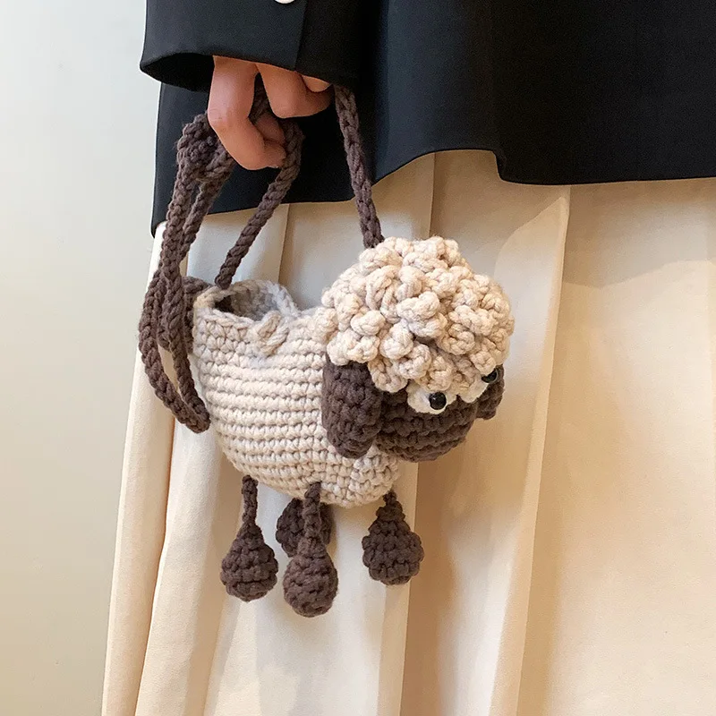 Handmade Knitted Wool Yarn Sheep Bag Cute Cartoon Lamb Shoulder Crossbody Bag for Women Girls