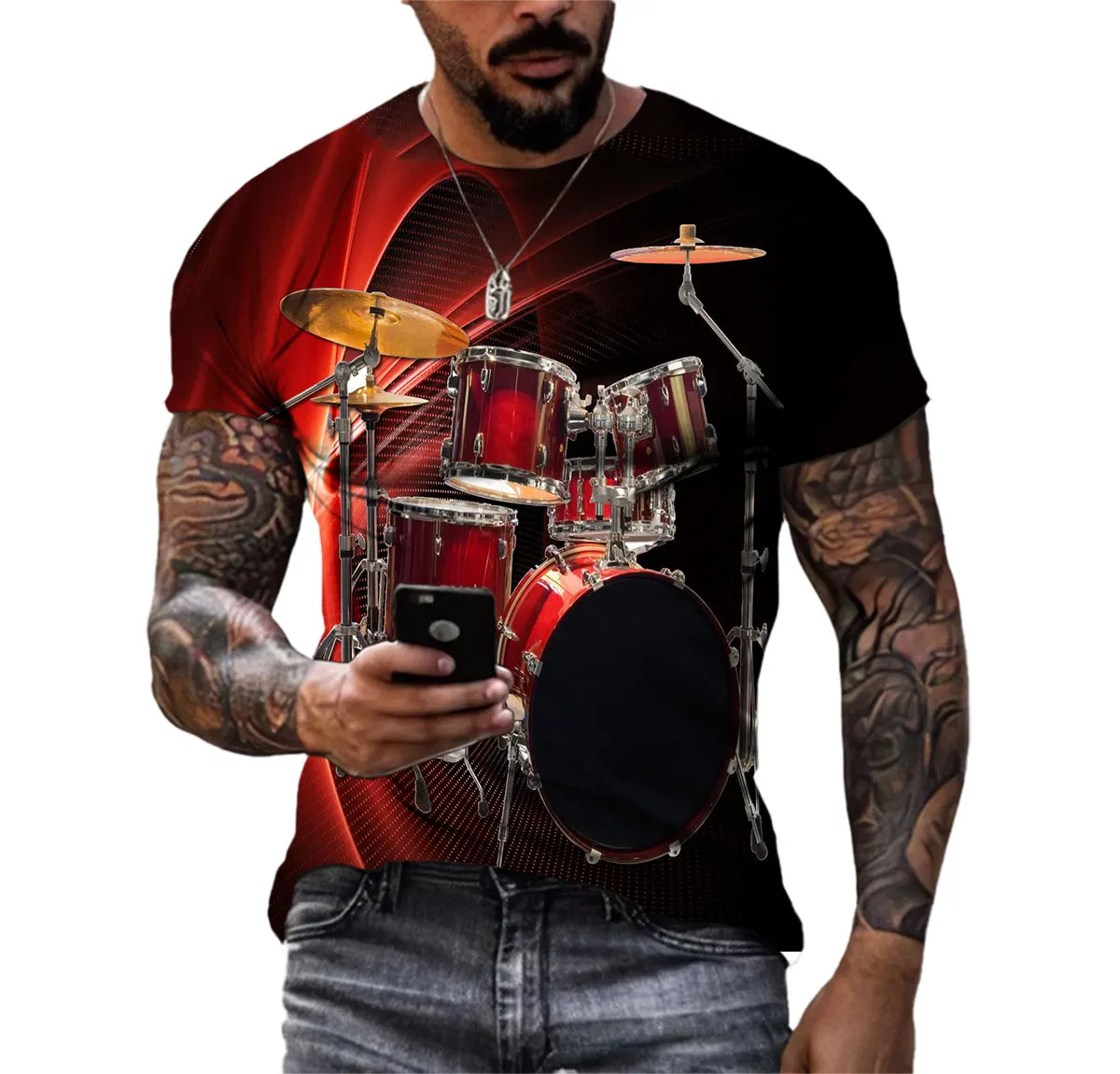 Summer Hip-Hop Color Drum Kit 3d Printed Men\'S T-Shirt Party Large Size Short Sleeve Premium Quick-Drying Comfortable Clothing