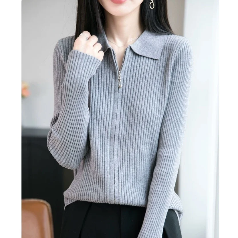 

Slim Fit Knitted Cardigan Double Zipper Collar Design Autumn Winter New Style Quality Fashionable Long Sleeve Sweater Top