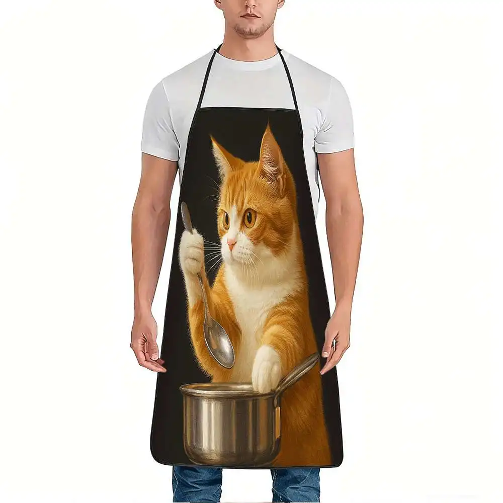 Funny Cat Cooking Apron – Realistic Ginger Cat Stirring Pot, Black Background,  Polyester,  Unisex, No
