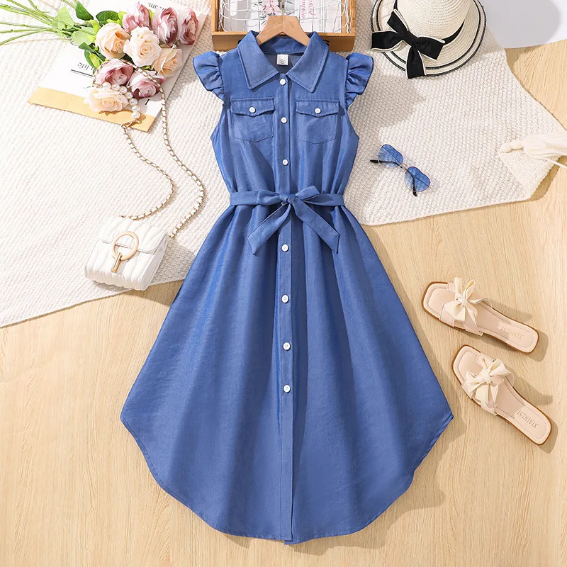 Kids Princess Dress For 8-12 Years Flying Sleeves Girls Dresses 2025 Summer New Lapel Collar Single Breasted Casual Silod Color