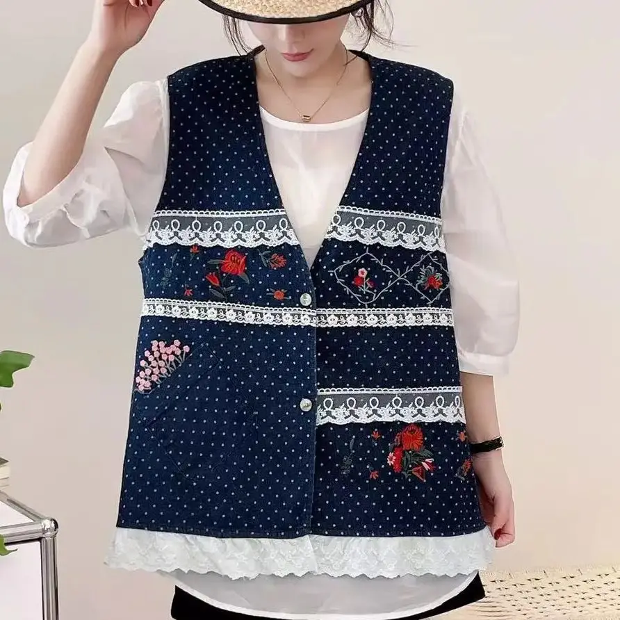 Lace patchwork denim vest for women autumn vintage floral embroidered v neck jean vests female waistcoat mori girl