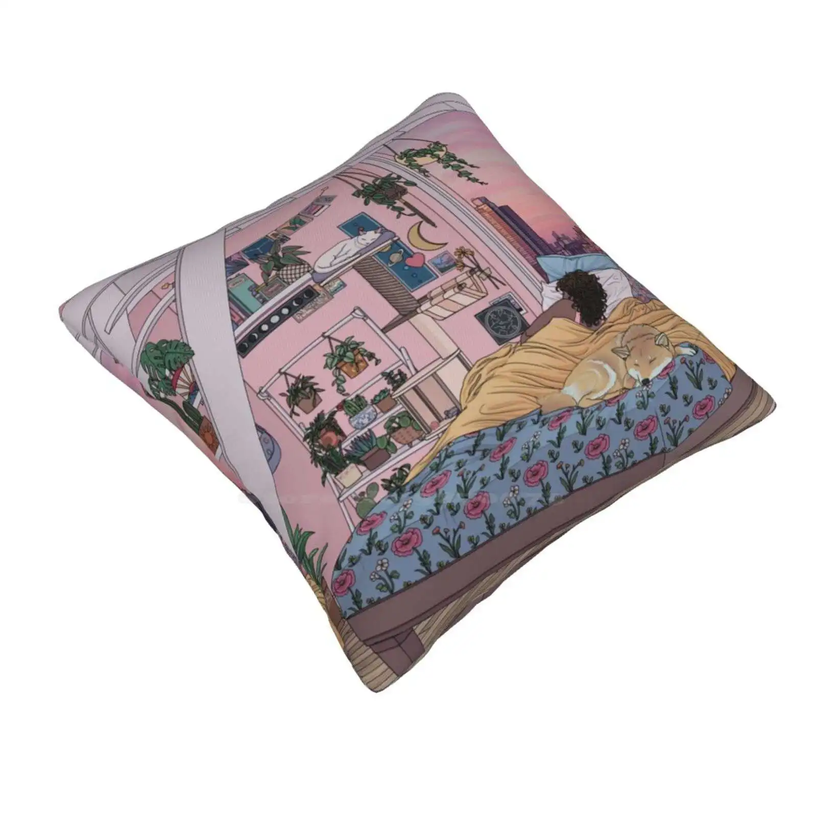 Sweet Dreams Pillowslip Pillowcase Room Aesthetic Shiba Cat Dog Sunset City Pastel Flowers Floral Plants Amidstsilence Moon