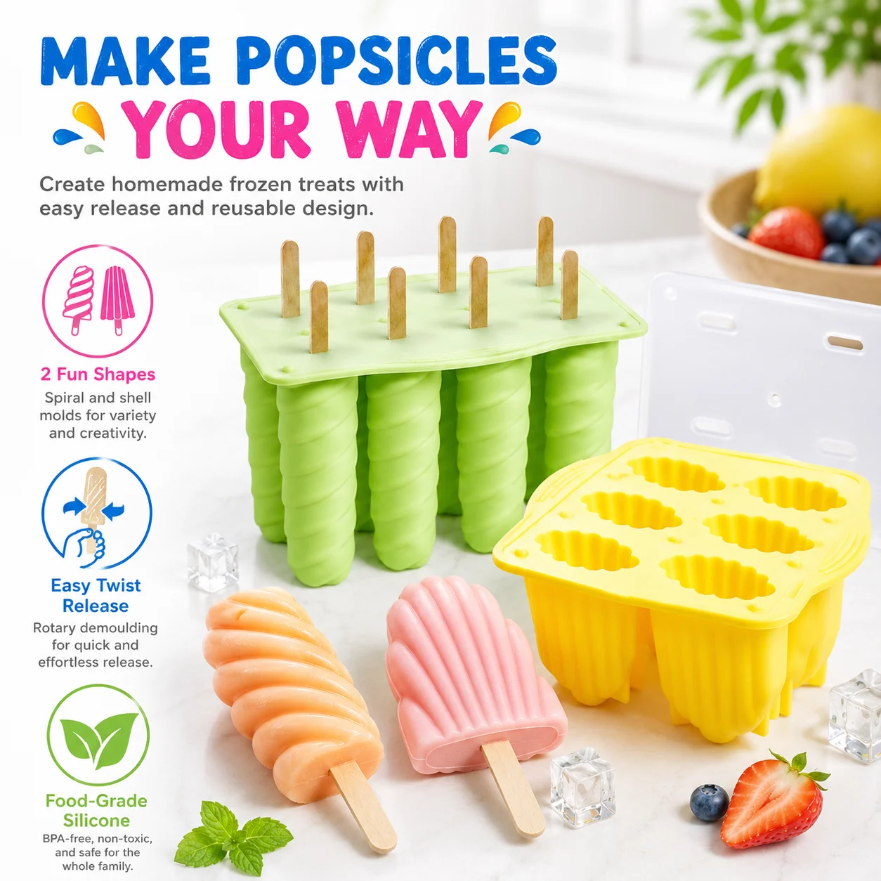 Silicone Popsicle Molds Unique Spiral And Shell Ice Pop Maker Flexible Reusable Ice Cream Tray For Homemade Summer Treats