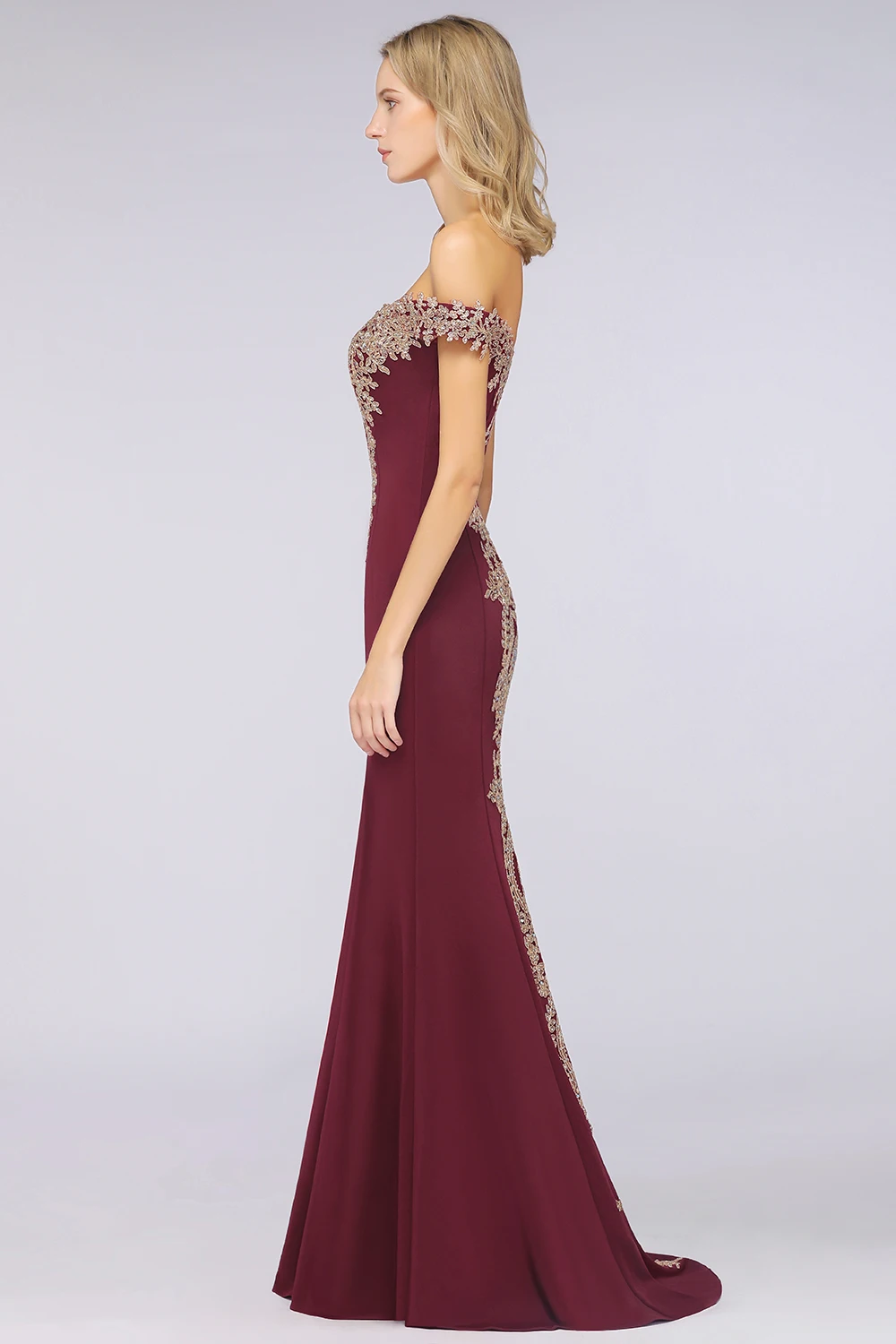 FATAPAESE Solid Off-the-shoulder Maxi Gown in a Mermaid Silhouette with a Mesh Embroidered Jeweled Fared Skirt Evening Dress