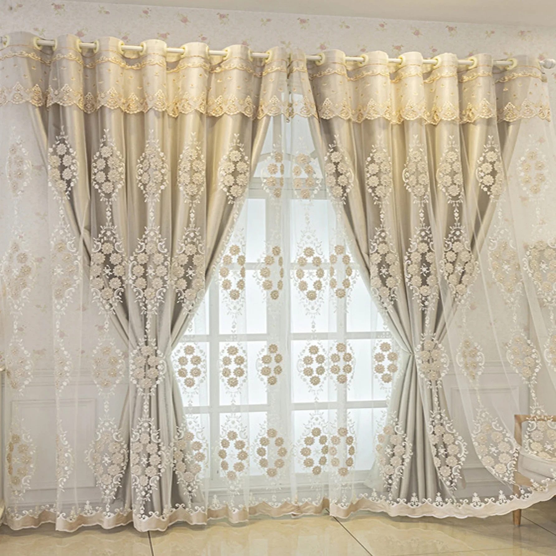 

1pc Full Blackout Curtain Finished Double-layer Gauze Bedroom Cream Living Room Relief Embroidery Luxury Atmosphere
