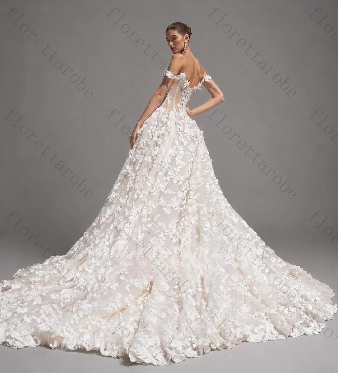 Customized Off Shoulder V Neck A Line Wedding Dress 3D Floral Applique Embroidery Lace Up Back Chapel Train Floor Bridal Gown