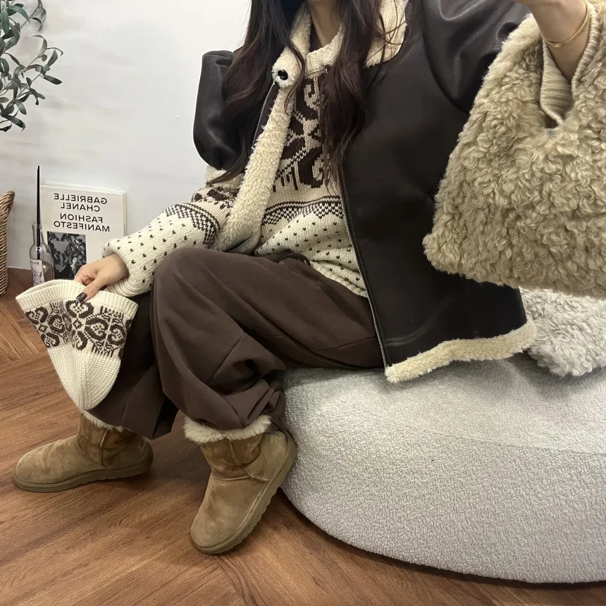 السيدات شيك ريترو فضفاض فرو الضأن Jaet السائق Sle كل مباراة الخريف الشتاء وصول جديد معطف الجلد والجلد