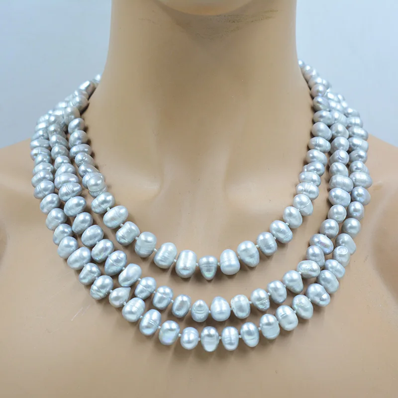 9-10MM 3 rows of natural gray potato shape freshwater cultured pearl necklace. Glamour Women Party Banquet Jewelry