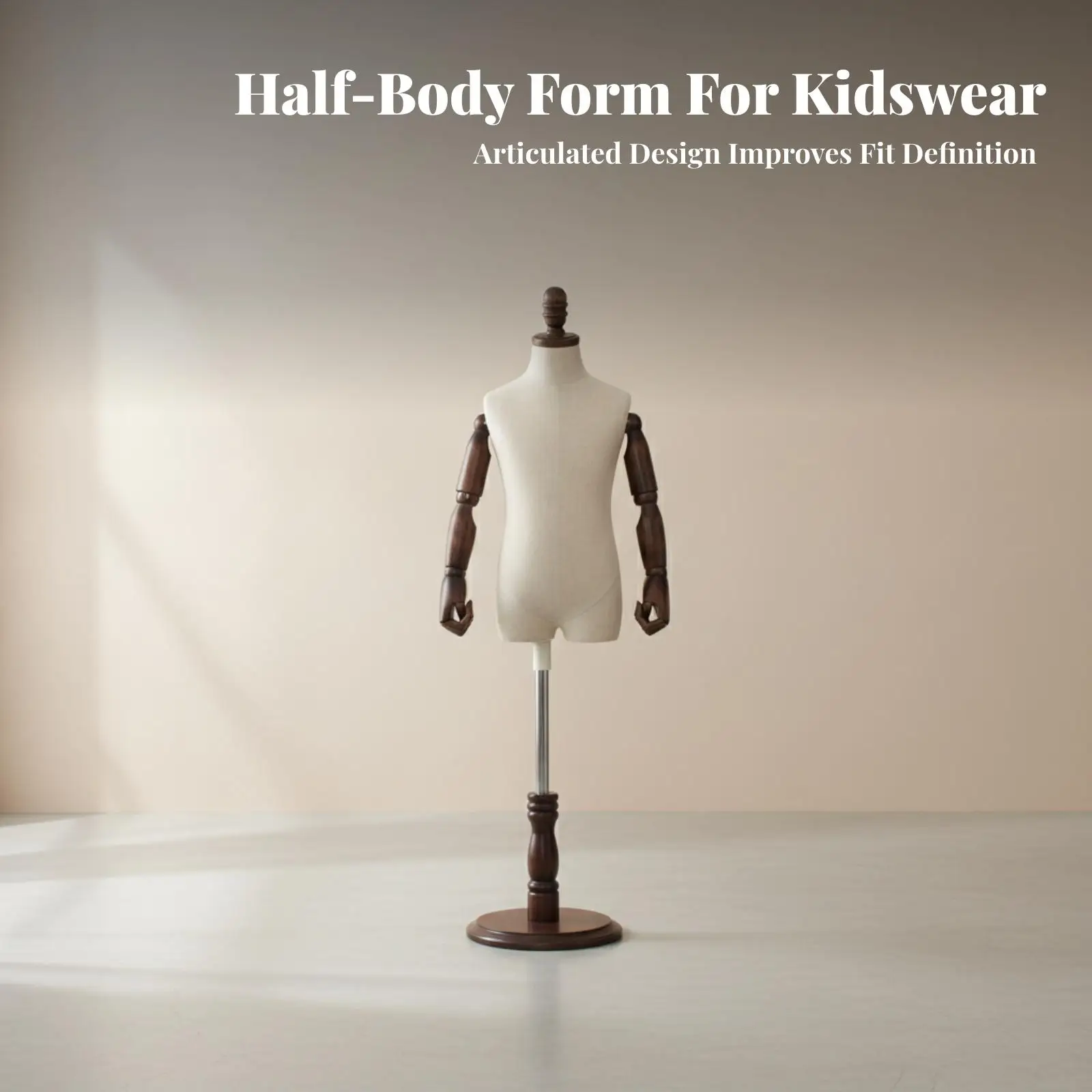 Childrens Half Body Mannequin with Beige Linen Torso and Articulated Limbs for Shop Window Merchandising Creative Studio and