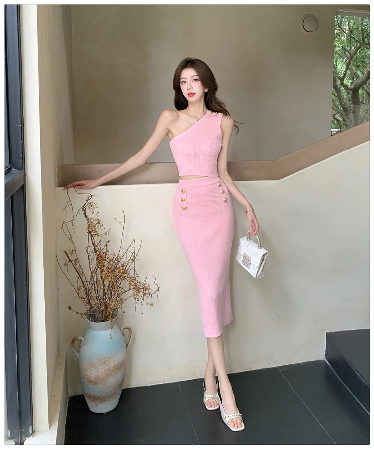 Korean Fashion Summer Pink Knitting 2 Piece Set Women Sexy One Shoulder Slim Vest Crop Tops +High Waist Bodycon Long Skirt Suit