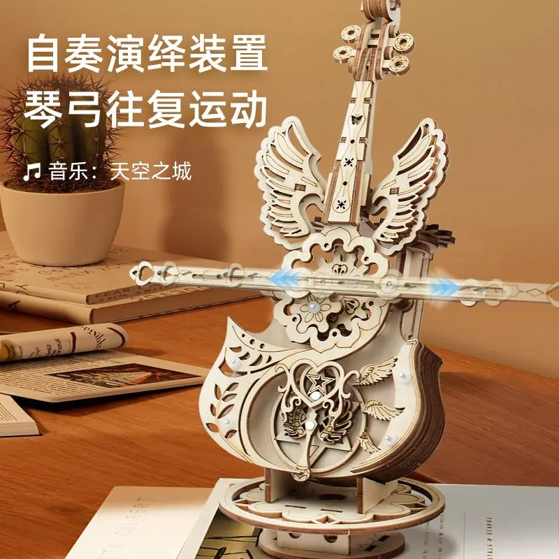 Boîte à musique ailes d'ange pour violoncelle, blocs de construction, modèle de bricolage, Puzzle tridimensionnel, jouet, boîte à musique, assemblage en bois pour femmes