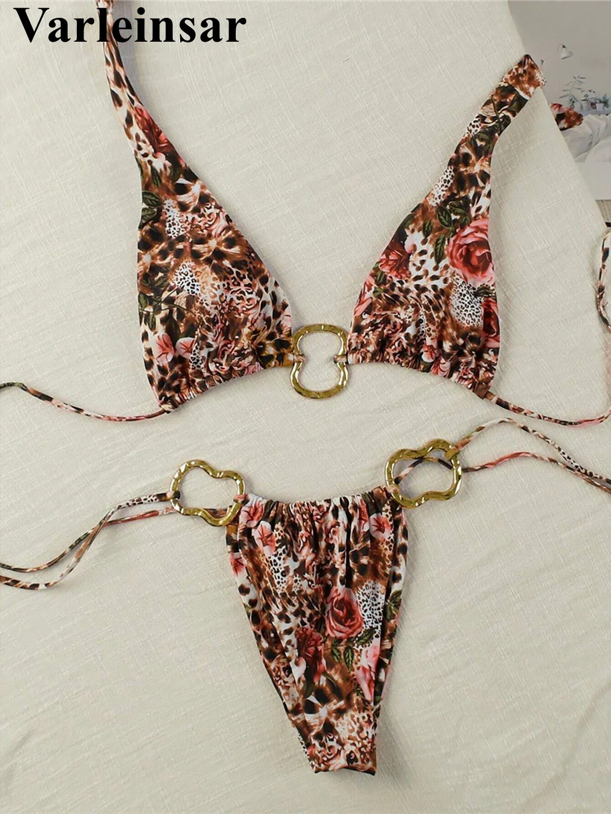 

Leopard Floral High Cut Metal Ring Bikini Women Swimwear Female Swimsuit Two-pieces Bikini set Bather Bathing Suit Swim V6288