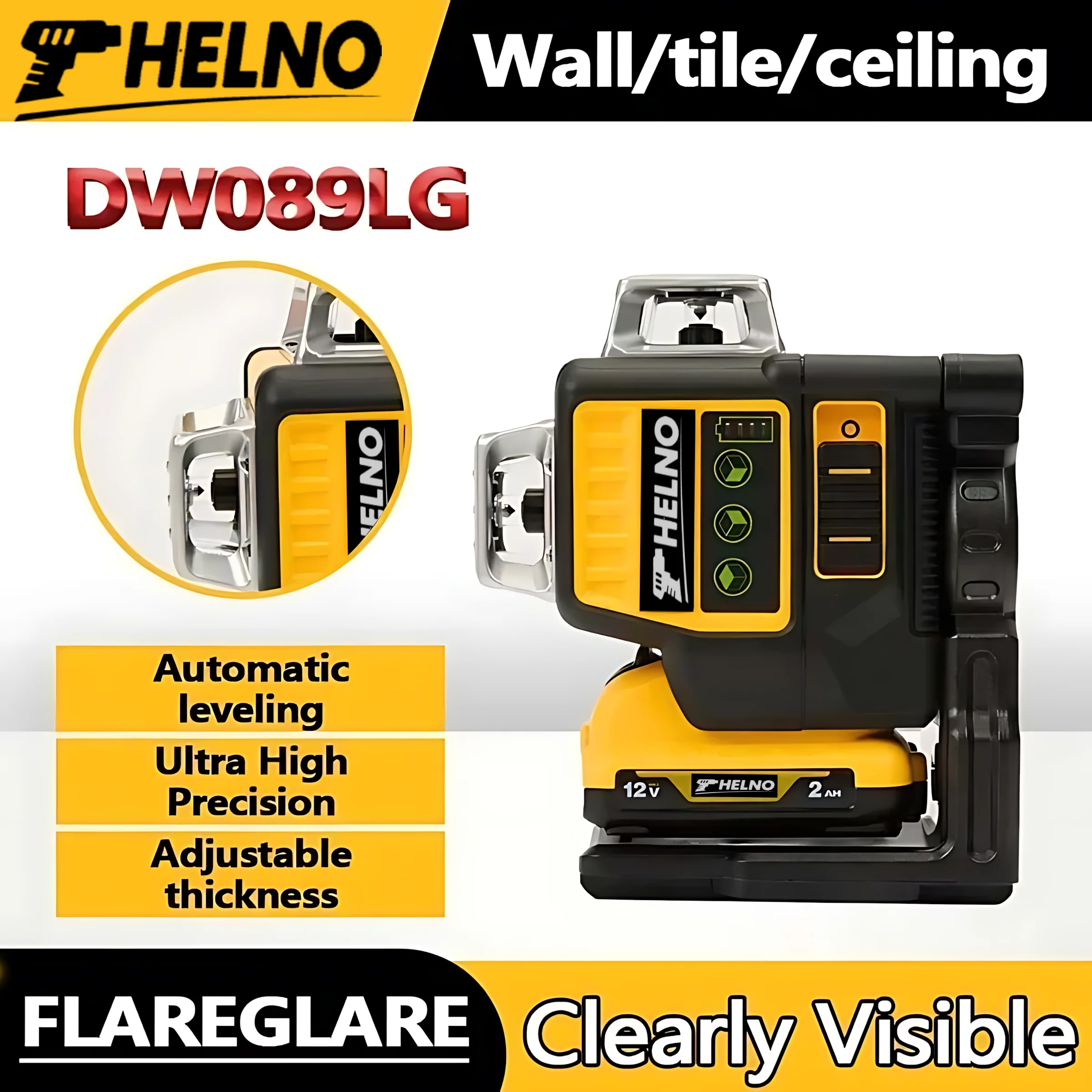 HELNO 3 Sides*360 Degree Vertical Lines Laser Level Meter Outdoor 12V Lithium Battery Horizontal Green Light Level