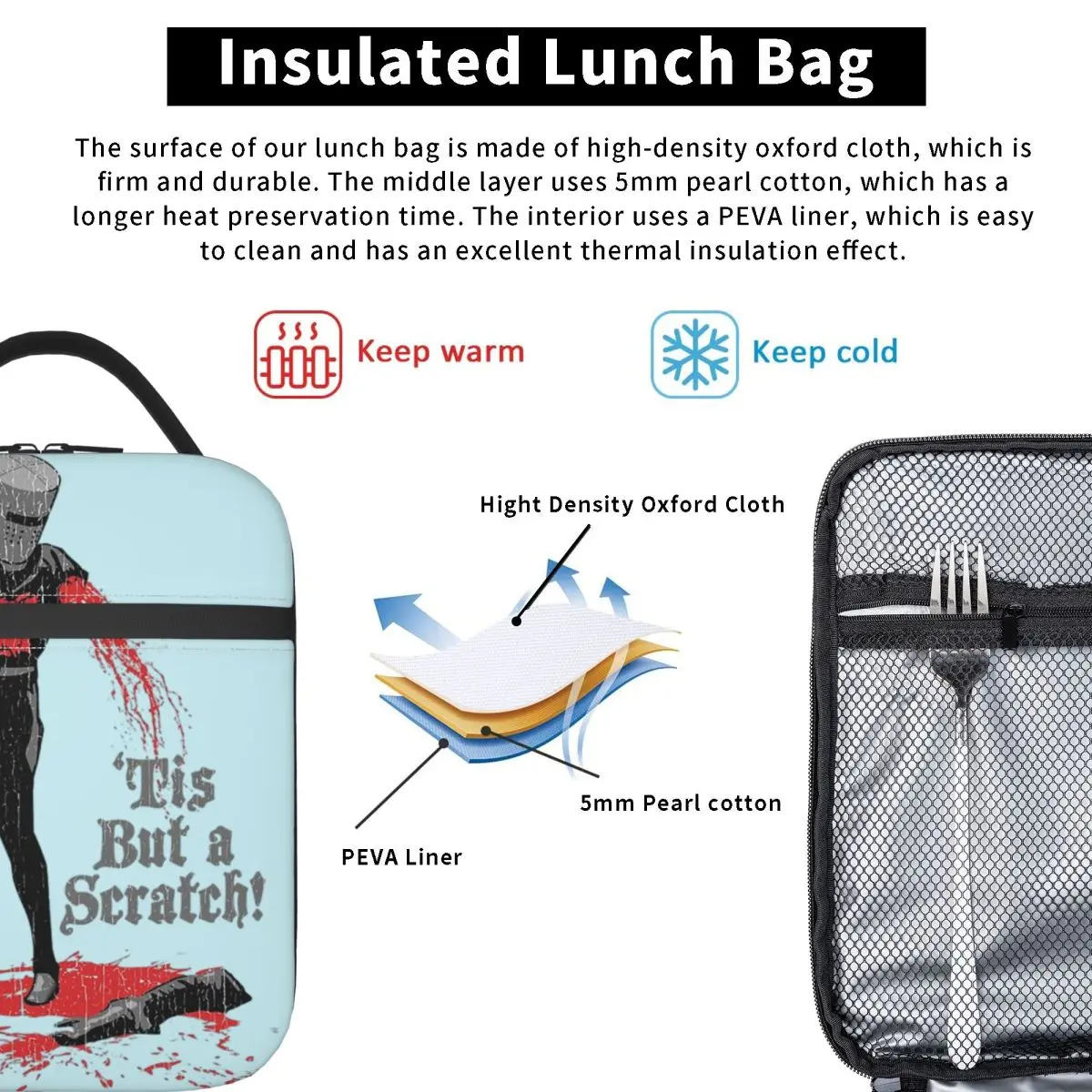 'Tis But A Scratch Insulated Lunch Bag for Women Kids Leakproof Food Boxes Thermal Lunch Box Tote