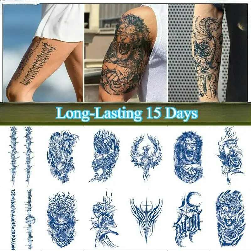 دارجون أسد نمر نصف كم وشم مؤقت مقاوم للماء للرجال والنساء، يدوم طويلاً 15 يومًا، ملصقات وشم مزيفة للحيوانات