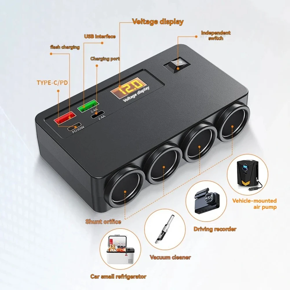Car Power Outlet Fast Charging Socket ABS Flame Retardant Material Alloy Material Construction Digital Voltage Display