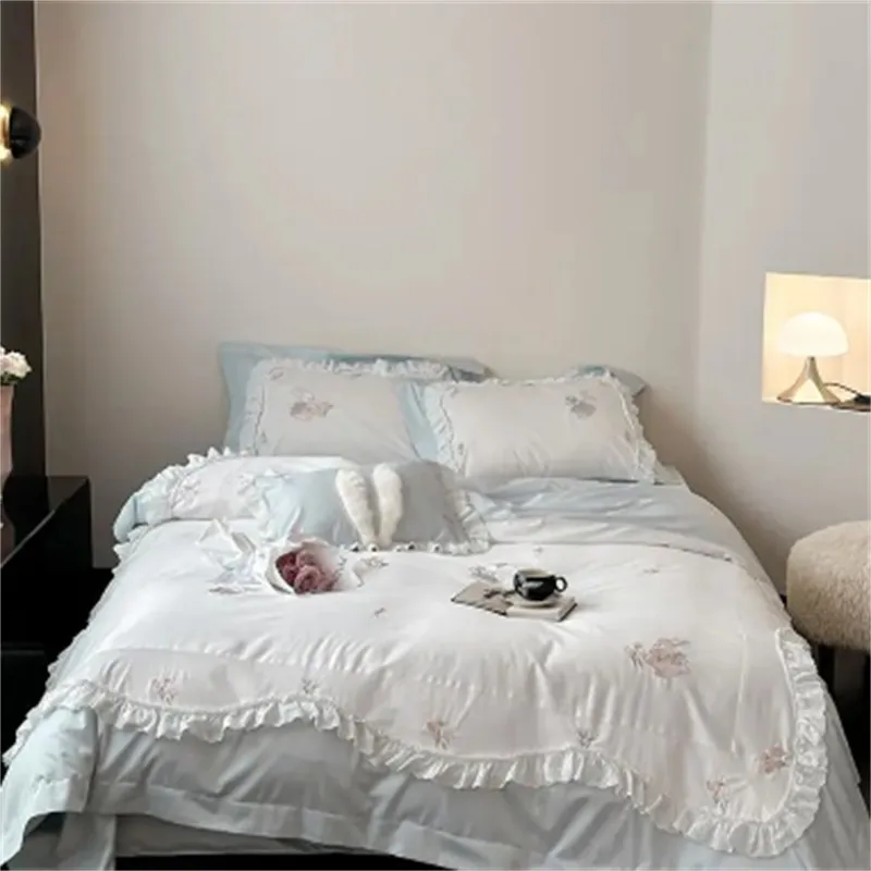 600TC Cotton Blue White Ruffle Dreamy Princess Style Bedding set Cute Rabbit Comfortable Soft Duvet cover Bed Sheet 2Pillowcases