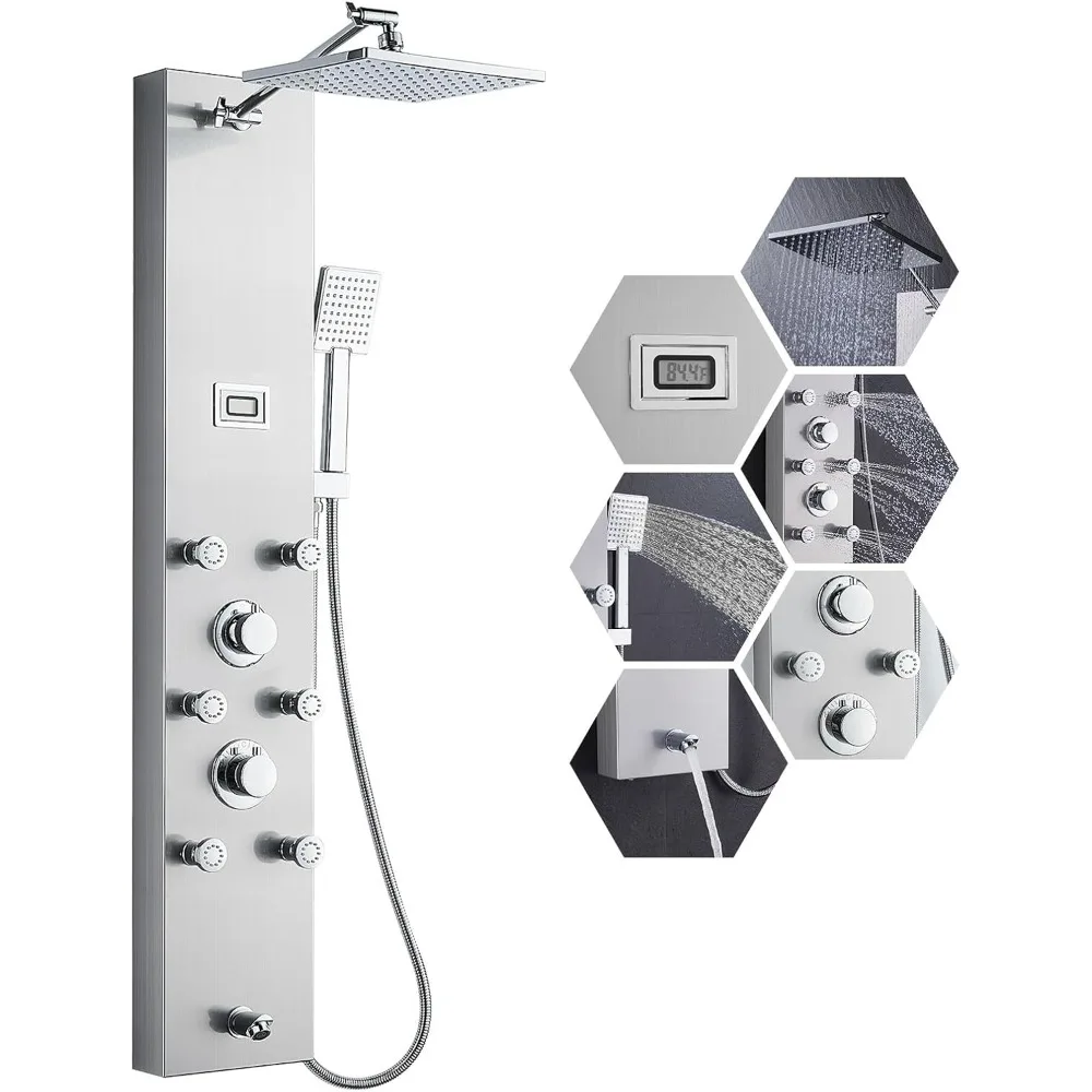 

Stainless Steel Shower Panel System 304 MENATT with 6 Body Sprays, Shower Tower Featuring 9-inch Adjustable Rainfall Shower Head