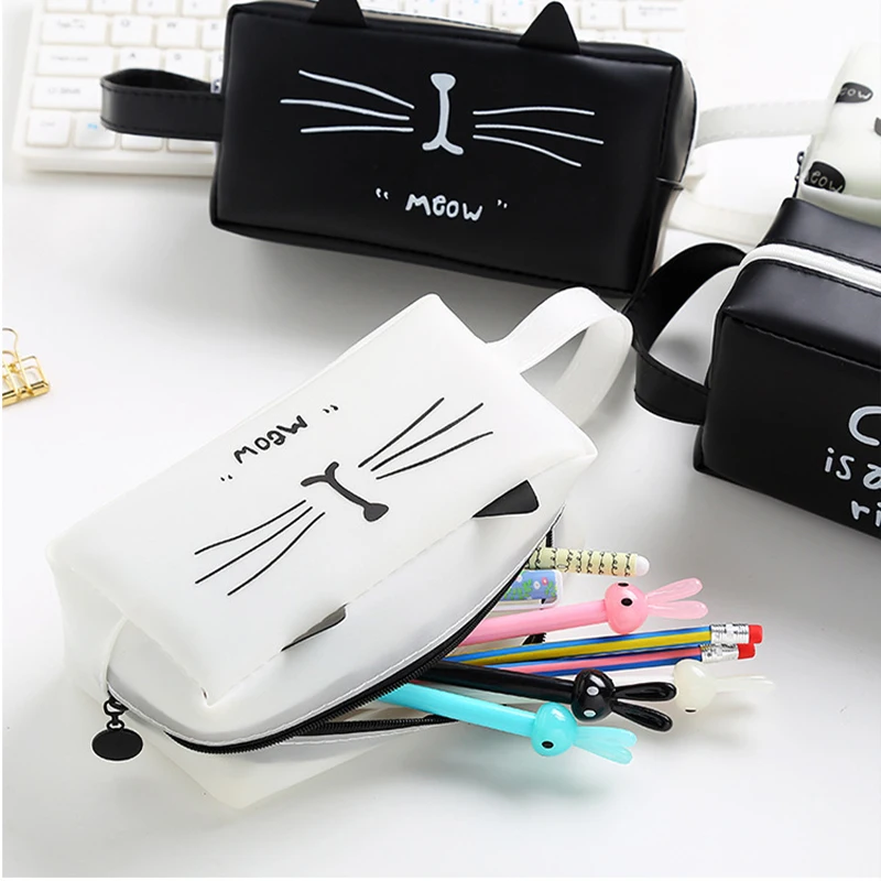 Kawaii Cat Pencil Case Large Capacity Cute Potable Storage Bag PU Leather School Stationery Supplies