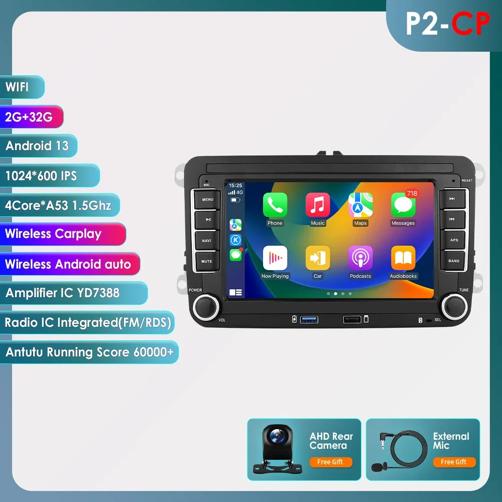 2 Din Android 12 Autoradio Voor Vw Polo Golf 5 6 Plusat Pass B6 Jetta Tiguan Touran Sharan Scirocco Caddy Seat Carplay Auto Rds - afbeelding 1