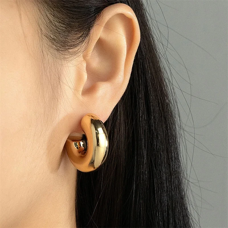 New Gold Plated Thick Hoop Earrings for Women Minimalist Geometric Simple Round Silver Color Earring Fashion Jewelry Gifts