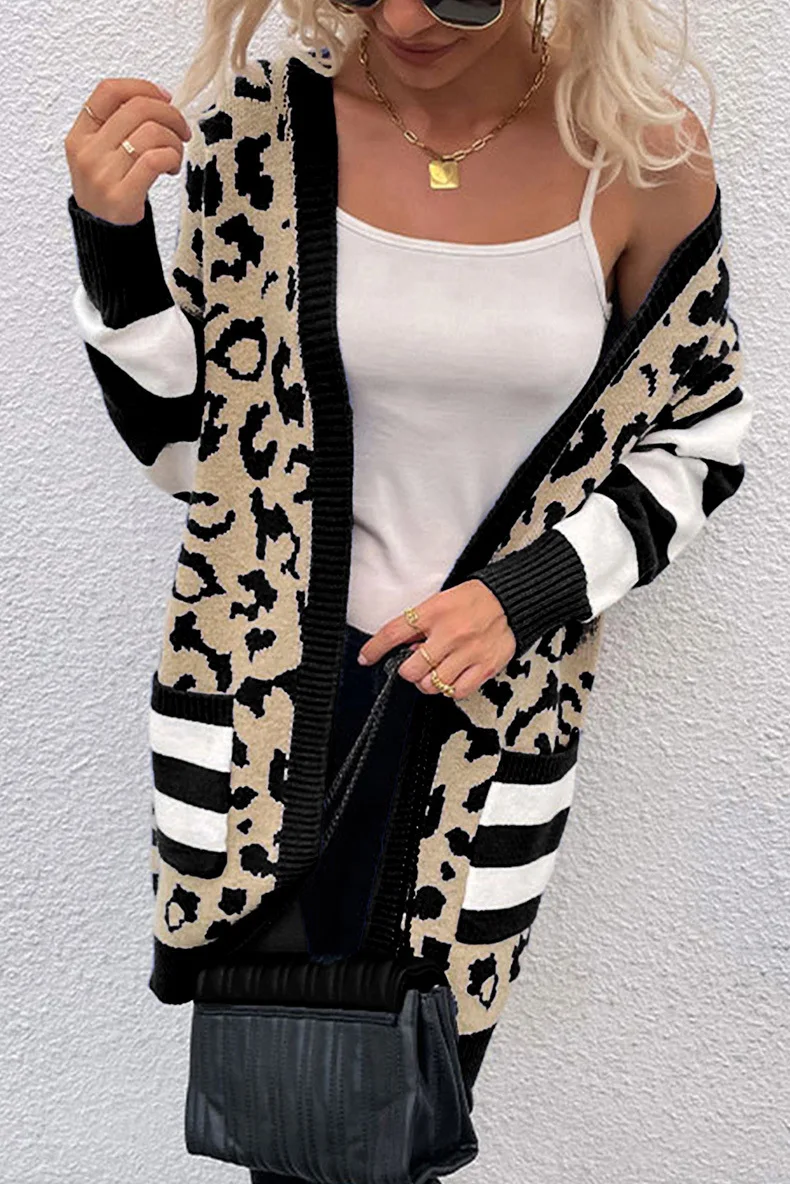 Fashionable Medium to Long Leopard Print Color Blocked Cardigan for Women New Warm Outer Layer Knit Cardigan