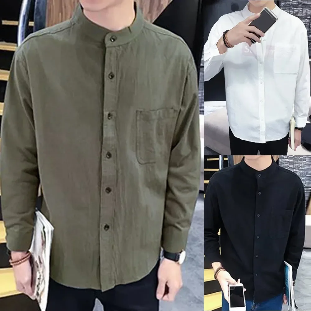 Japan Cotton Linen Shirt Men Single-breasted Casual Slim Long Sleeve Stand Up Collar T-shirt Business Comfy Cotton Linen Shirt