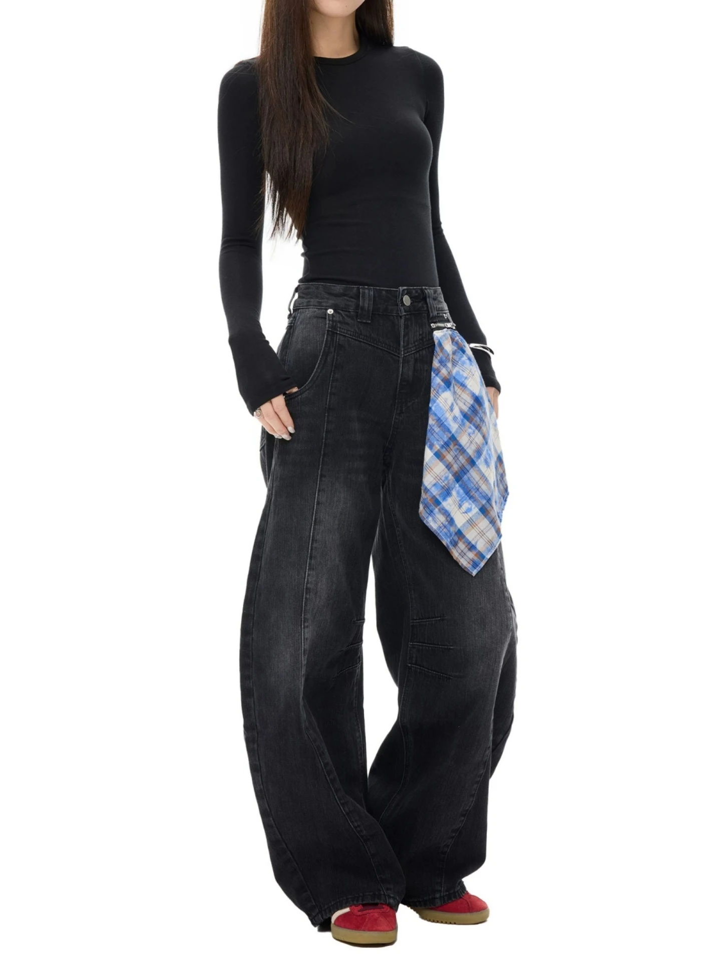 American Style Wide Leg Pants Women's Elegant Zipper Detachable Scarf Jeans Loose Trousers Street Style Micro Flare Retro