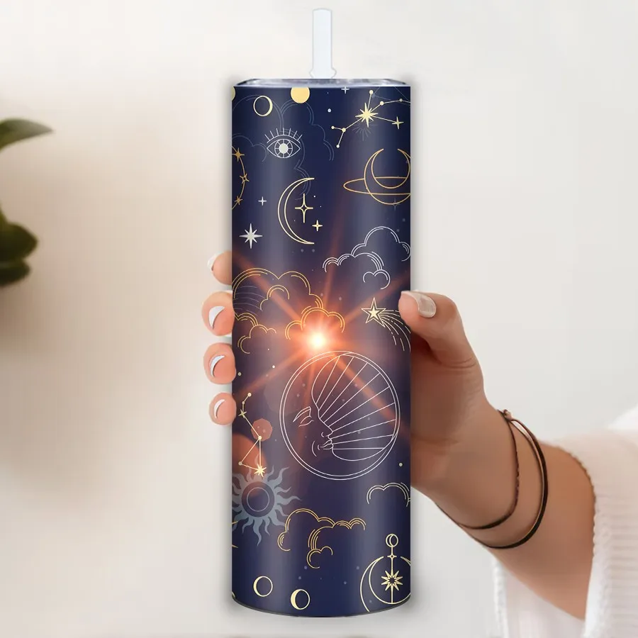 20oz Stainless Insulated Festive Tumblers Straw Lid 1Pc 3D Print Sun Moon Celestial Bodies Vacuum Straight Cups Thanksgiving