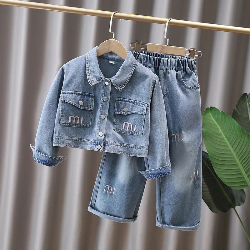 

Girls Spring Autumn 2/pce Set Children Fashionable Foreign Style Trousers Denim Suit Girls Short Long Sleeves Letter Embroidery