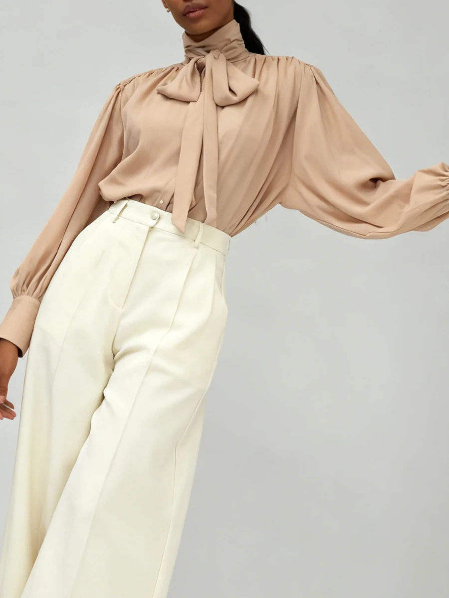 VGH Lose Falten Temperament Blusen Für Frauen Rundhals Langarm Herbst Casual Lace Up Solide Shirts Weibliche Mode Stil