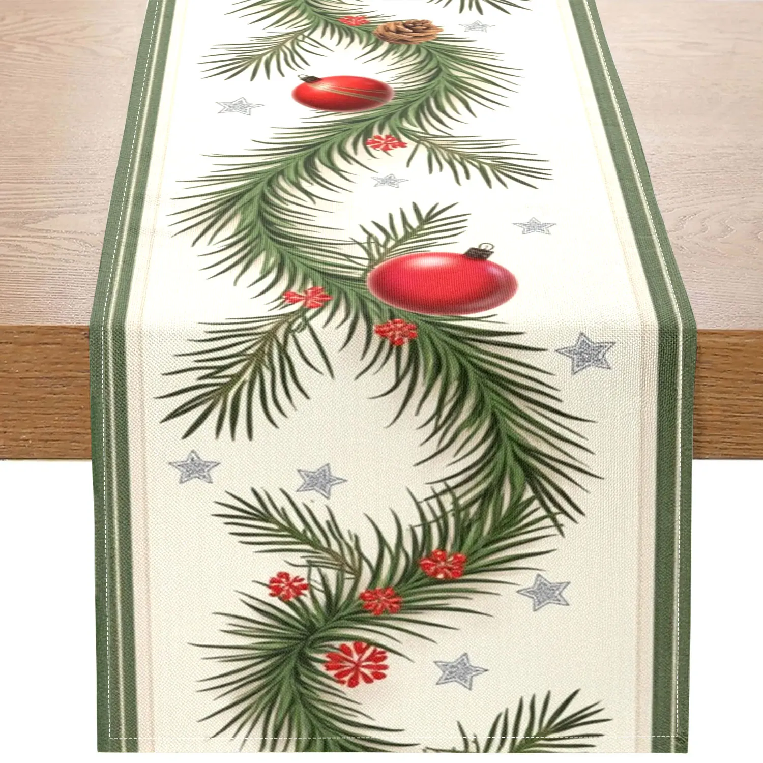 

1 Piece of Christmas Plaid Pine Branch Table Runner, Containing Pine Branches, Pine Cones, Red Decorative Balls, and Snowflakes, Suitable for Christmas and Holiday Decorations