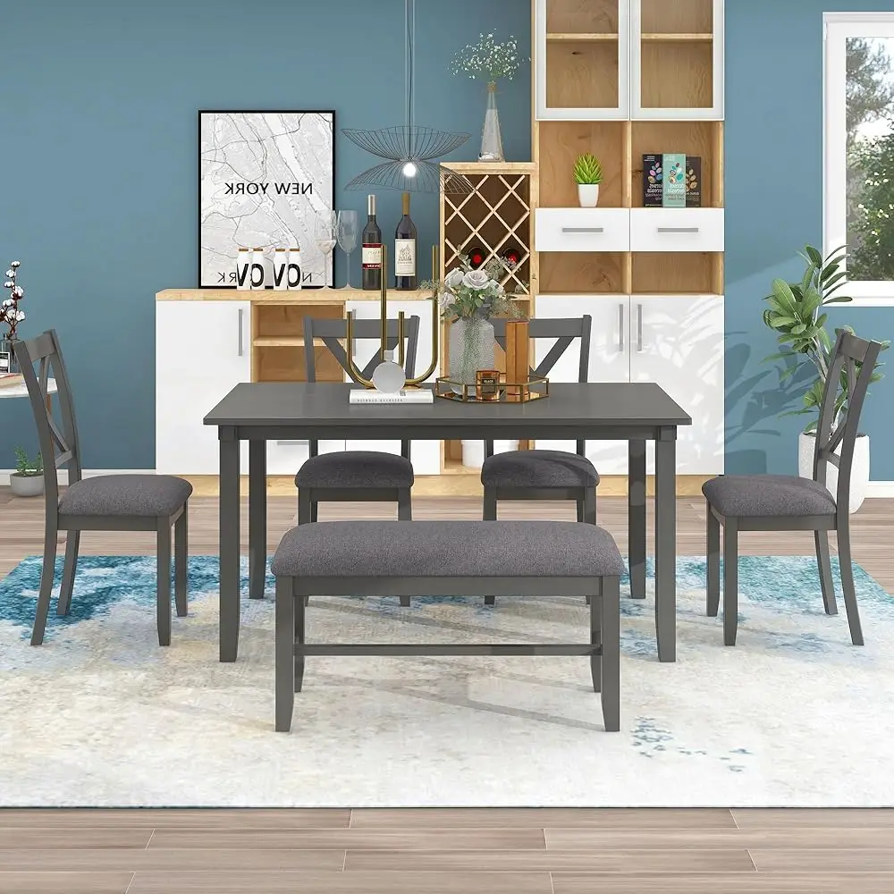 

Farmhouse Dining Room Table Set With Bench And Chairs For 6 Solid Wood Kitchen Table Set, Recantgle Table And Upholstered