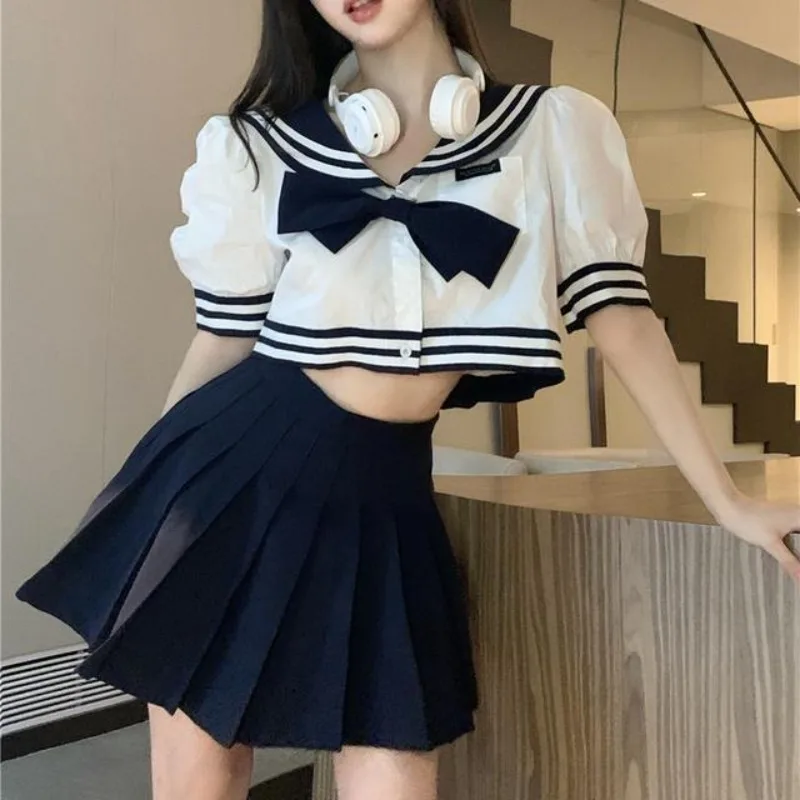 QWEEK White Preppy Cropped Puff Sleeve Shirt Woman Gyaru Short V Neck Blouses Korean Style Summer Youthful  Aesthetic Japanese