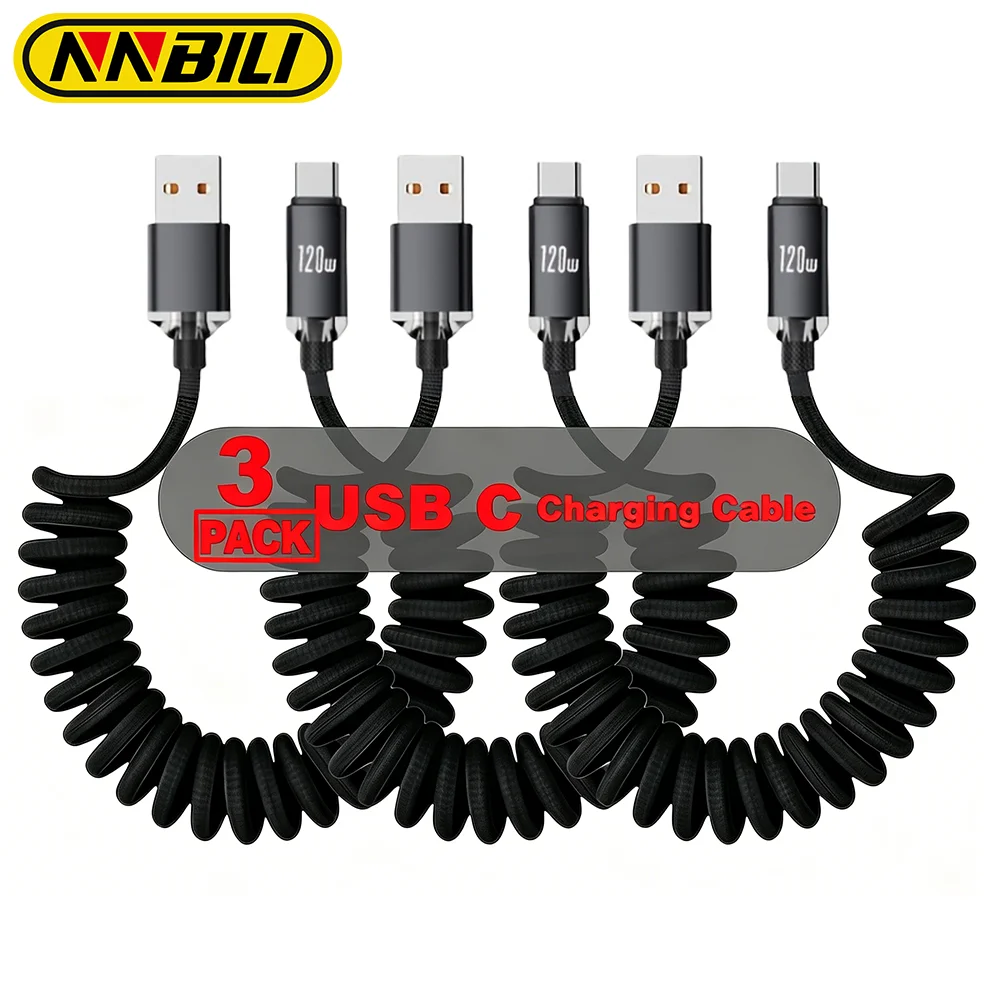 NNBILI 3Pack 6A USB To Type C Cable for Huawei Xiaomi 120W Car spring Fast USB Type C Data Cord Quick Charge for Samsung Oneplus
