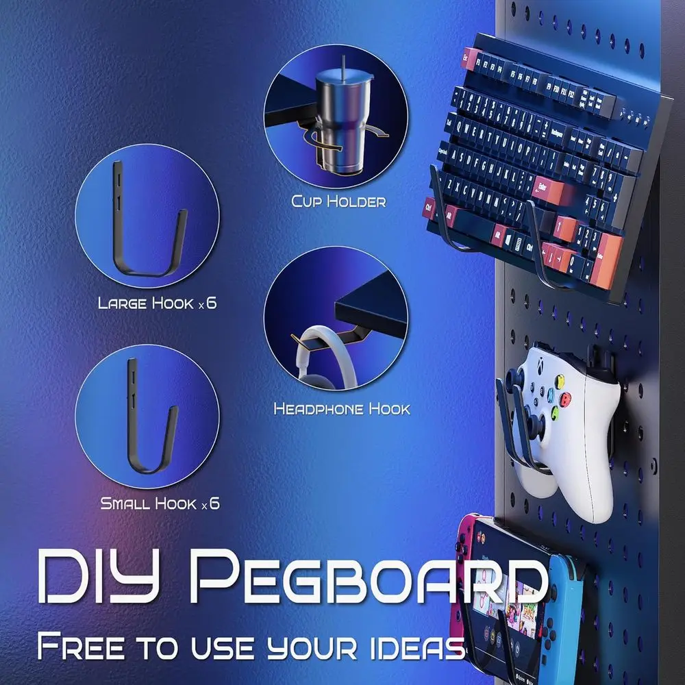 전원 콘센트, 수납 공간 및 페그보드가 있는 소형 공간용 컴팩트 LED 조명 게이밍 책상(화이트)