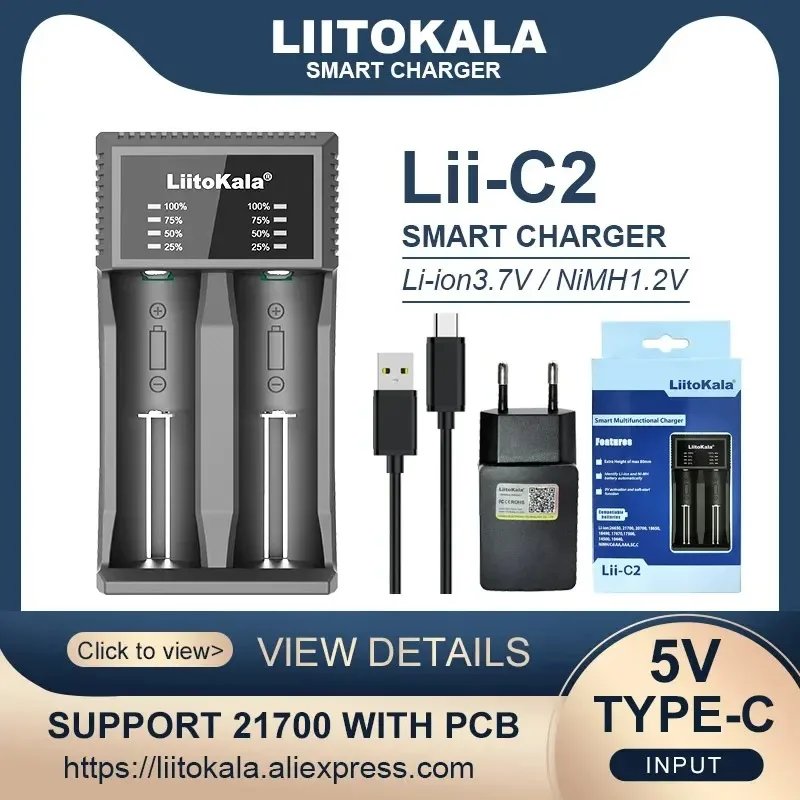 LiitoKala Lii-C2 uniwersalna ładowarka 3,7 V pasuje do akumulatorów 18650 21700 26650 17500 1,2 V AA AAA, można obciążć 21700 1-5 sztuk