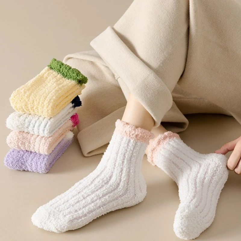 

5 pairs of coral fleece women's simple comfortable mid tube socks thickened autumn winter warm casual socks