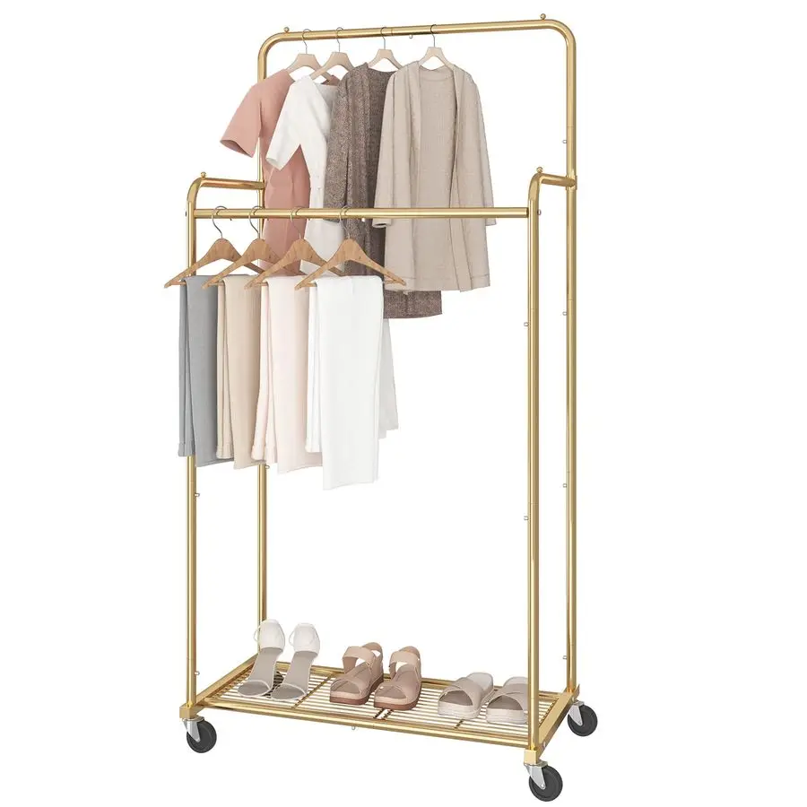 

Двойная вешалка для одежды на колесиках, усиленная, для хранения одежды, с 4 крючками, золотистая