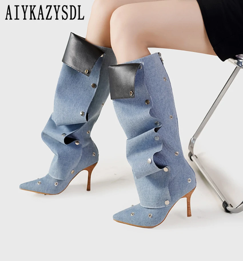 

AIYKAZYSDL 2024 Fashion Shoes Pointed Toe Women Pleated Mid Calf Boots Stack Shoes Denim High Heel Long Boots Buckle Studs Women