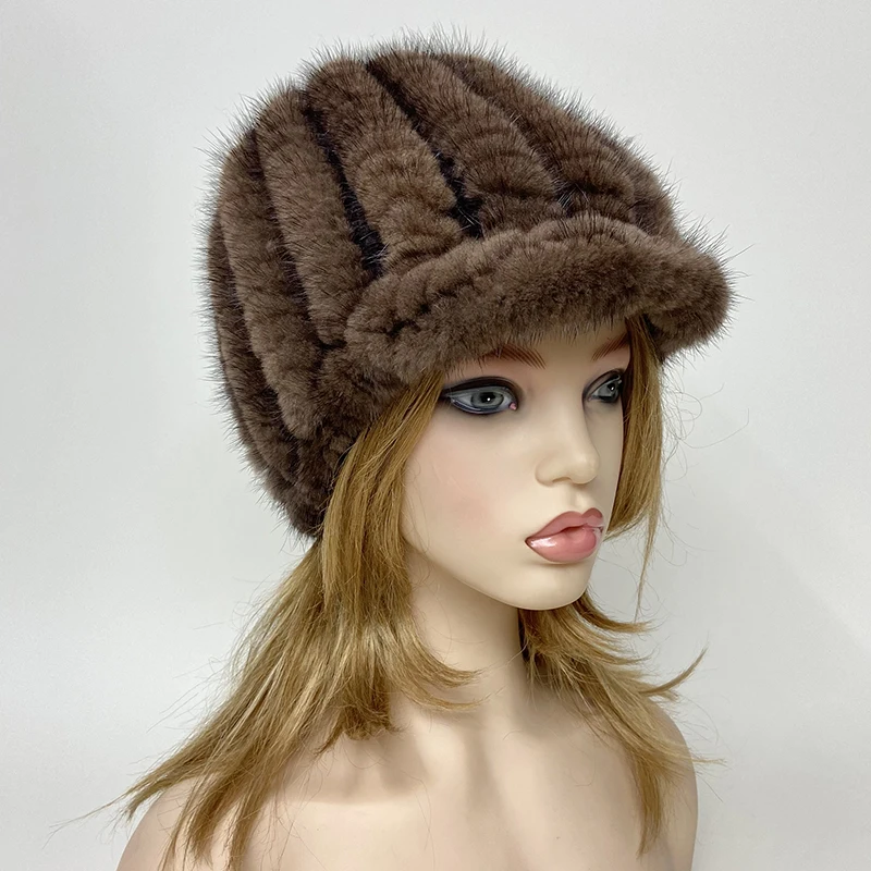 

Women's Real Mink Fur Winter Hat Knitted Thick Brim Cap with Natural Fur, Warm Outdoor Snow Beanie