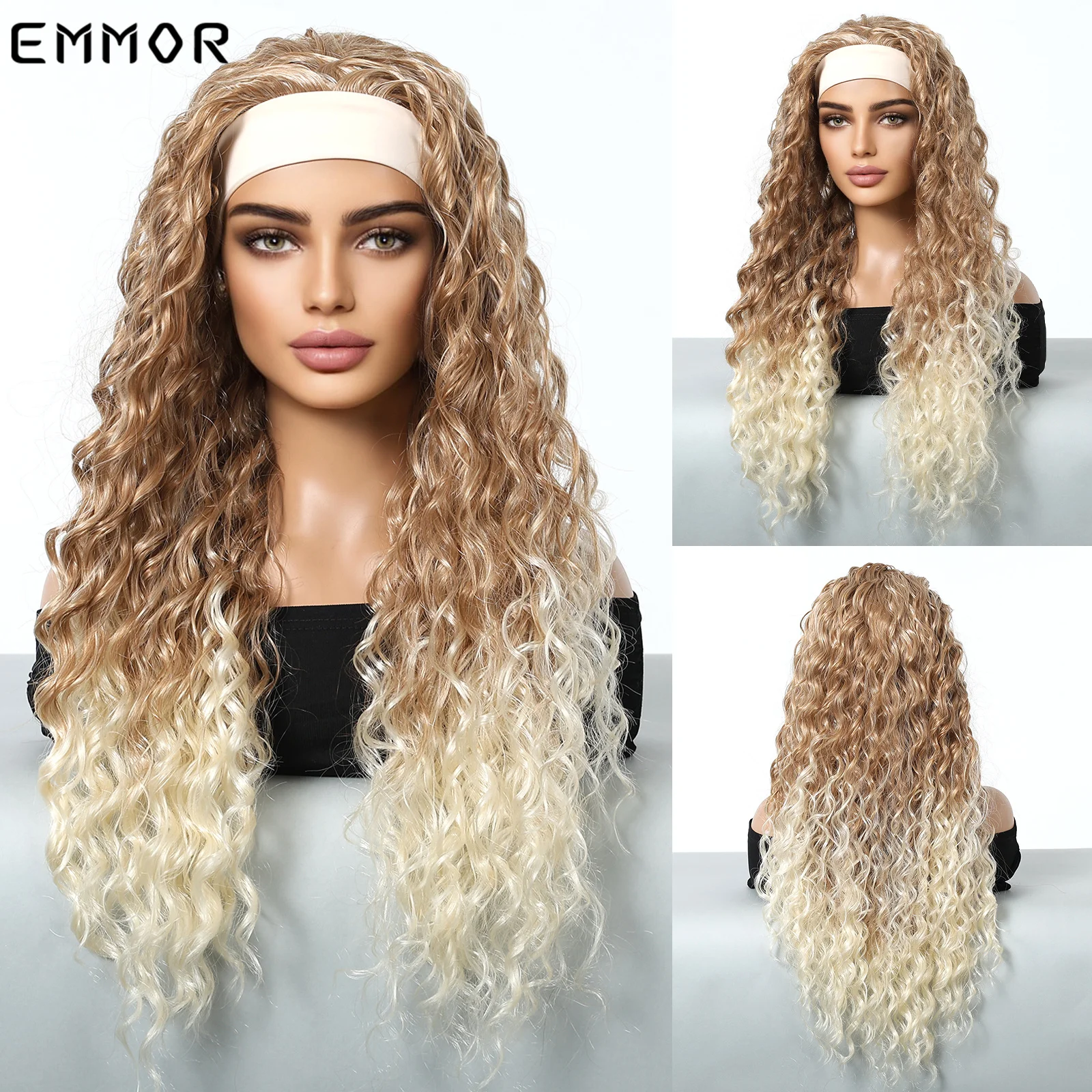 Synthetic Emmor Blonde Headband Wig Medium Long Curly Black Red Hair Wigs for Women Heat Resistant Daliy Party Use