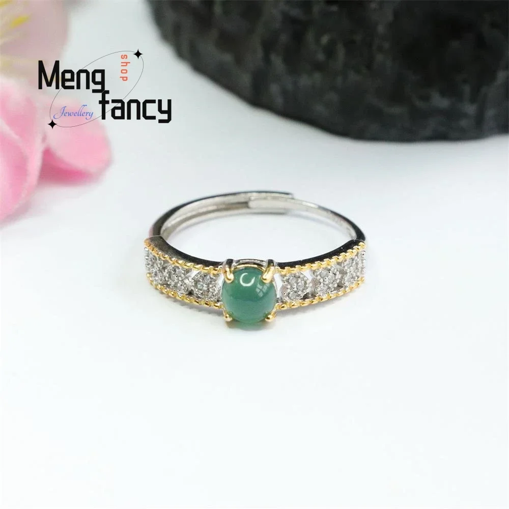 

S925 Silver Inlaid Natural Jadeite Ring Icy Blue Water Jade Exquisite Elegant Simple High-grade Couple Luxury Fashion Jewelry