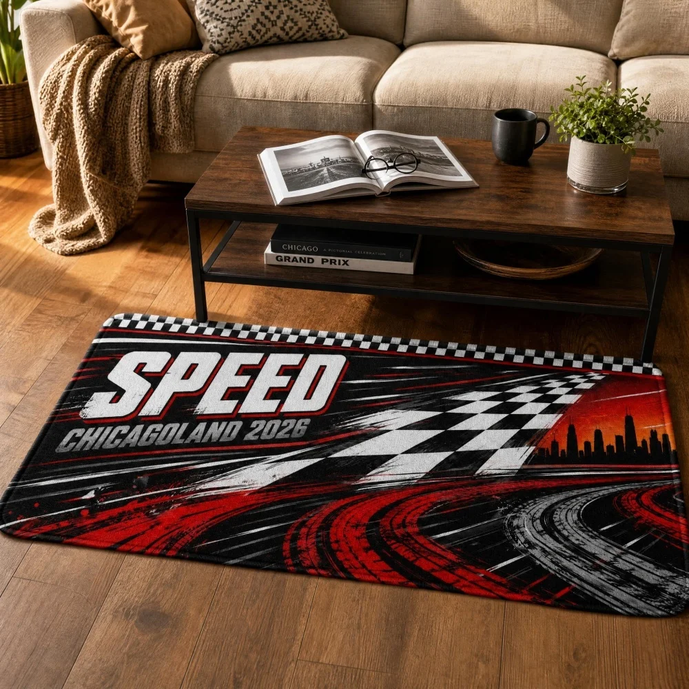 Racing Speed Track Flannel Area Rug, Checkered Flag Tire Trace Floor Mat, Non Slip Garage Living Room Man Cave Decor Carpet